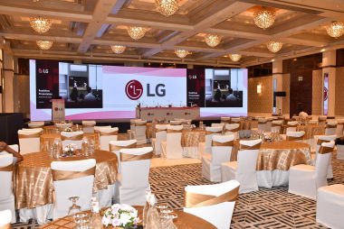 IPO listing ceremony stage set inside a luxury hotel ballroom