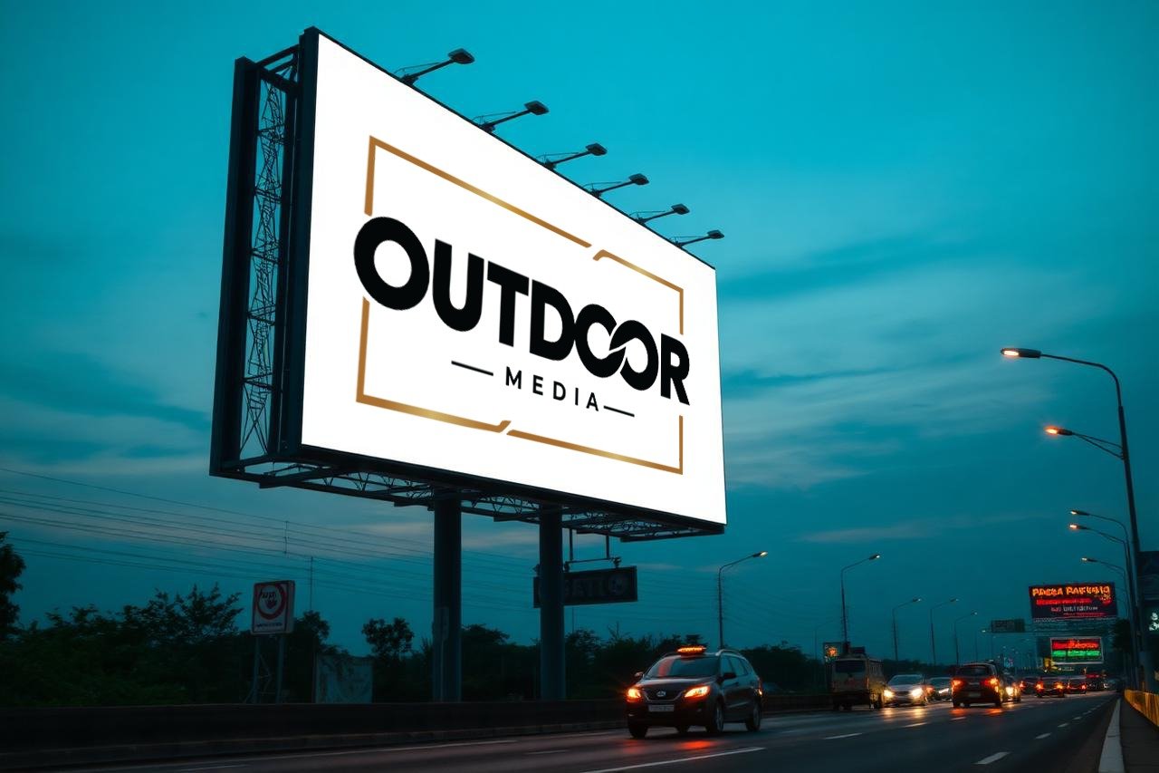 Illuminated outdoor hoarding billboard on a busy Indian city road at dusk