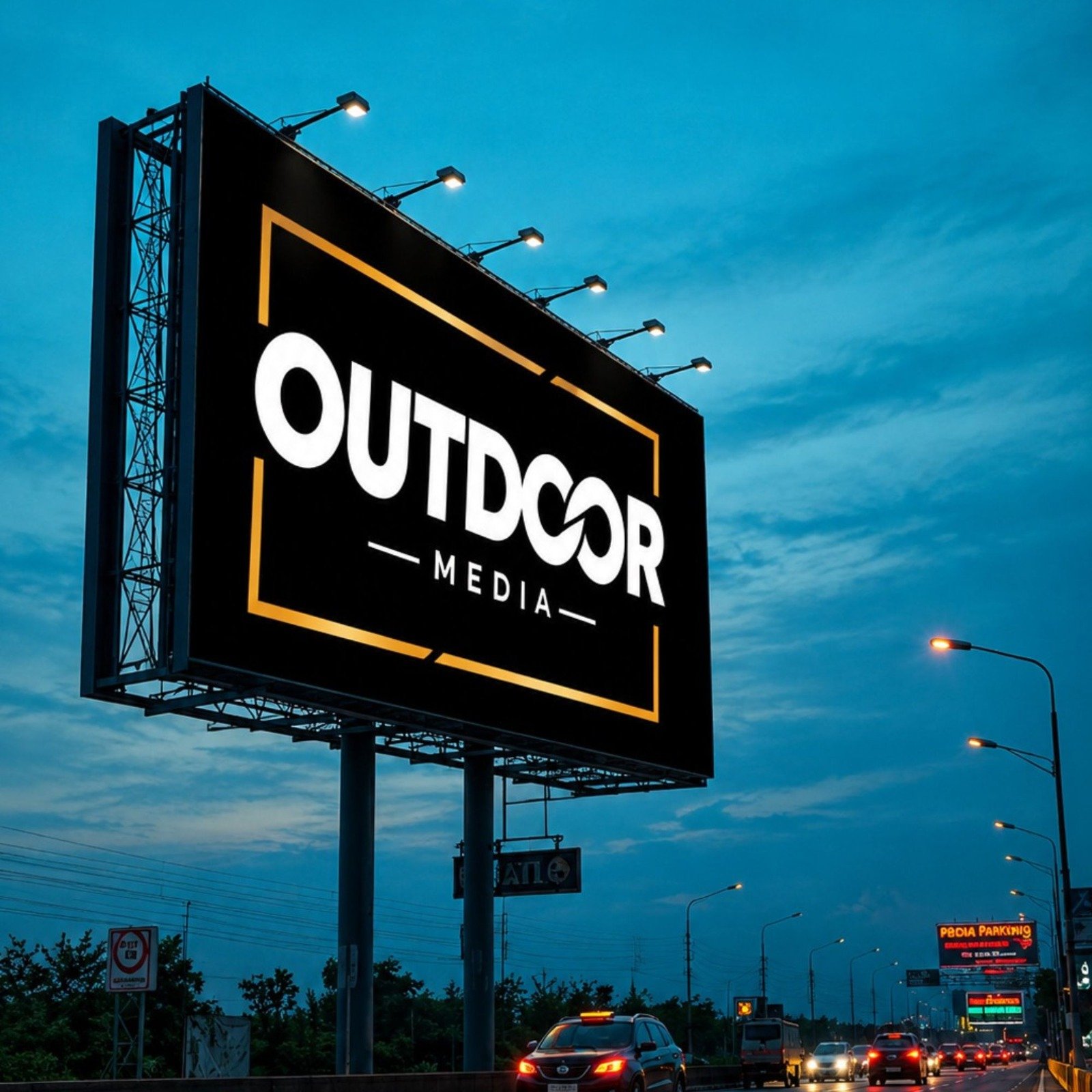 Outdoor Media logo — bold white wordmark inside a gold cut-corner frame