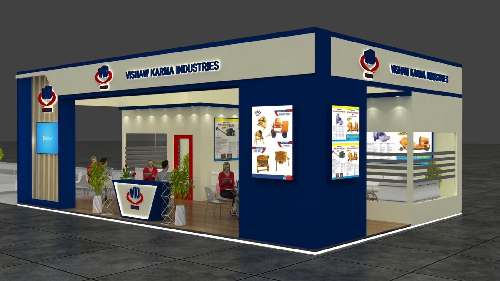 Premium fabricated exhibition stall with backlit signage in a dark trade show hall